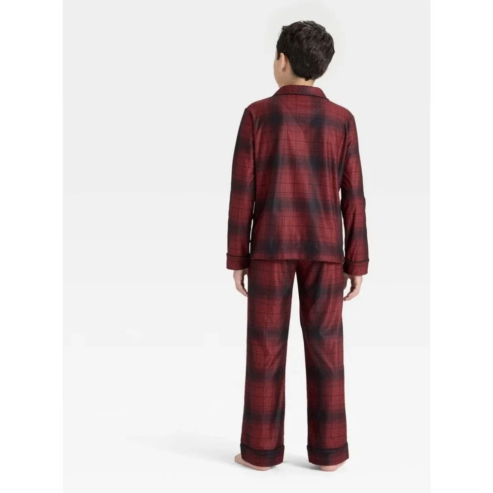 Cat & Jack Boys XL (14) Red Plaid Holiday‎ Long Sleeve Button Front Pajama Set